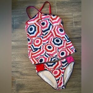 Lands’ End beach umbrella print tankini top red blue ink white size 6